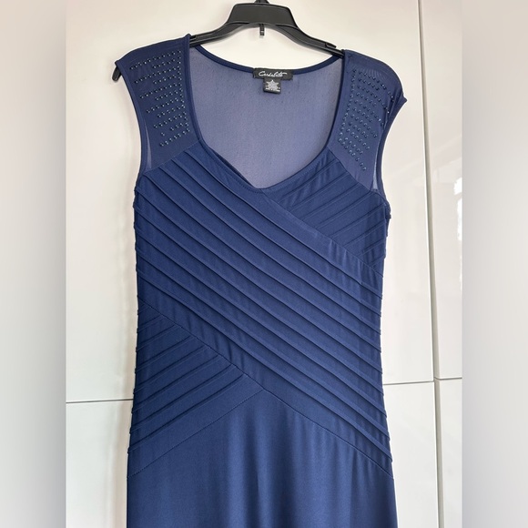 Candalite Navy Blue Gown Dress Size Small Crystal Pin-tuck Pleated Bust - Picture 2 of 7